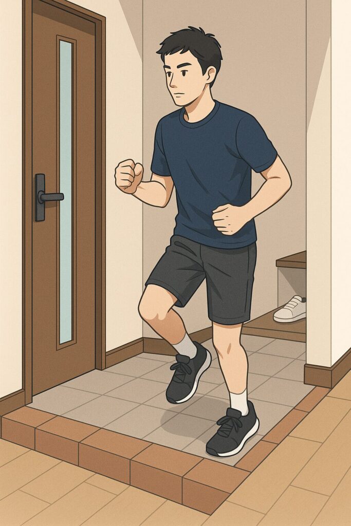 男性が玄関の上がり框の段差部分で、その場ジョグをしているイラスト。半月板手術後のリハビリとして、外で走る前に室内で走る感覚を取り戻している様子。