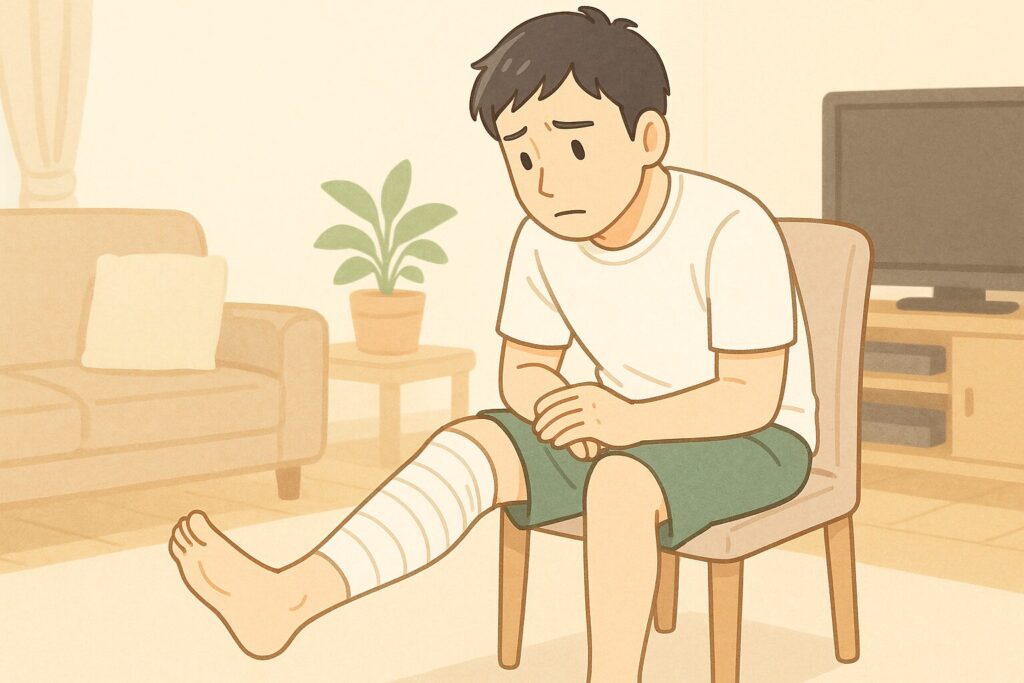 椅子に座って右膝をまっすぐ伸ばし、丁寧に包帯を巻いた右膝を心配そうに見つめる男性のイラスト。自宅リビングでのリハビリ風景。