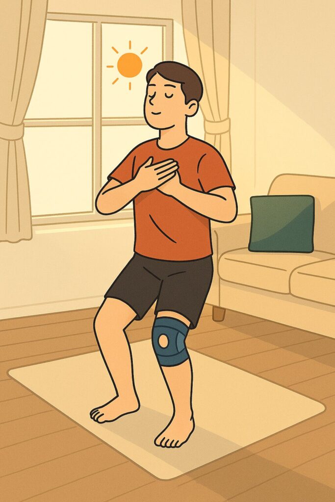 朝日が差し込むリビングで、右膝にサポーターを装着した男性が深呼吸しながらリハビリ前の心を整えている様子を描いたイラスト。