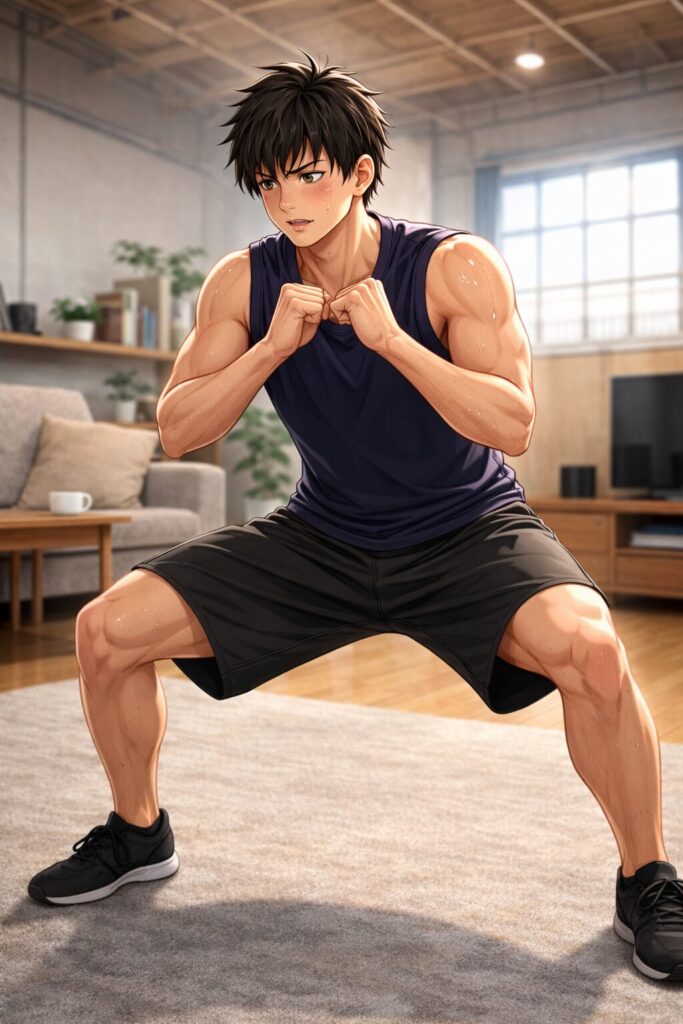 自宅のリビングで内ももを意識しながらワイドスクワットを行っている男性