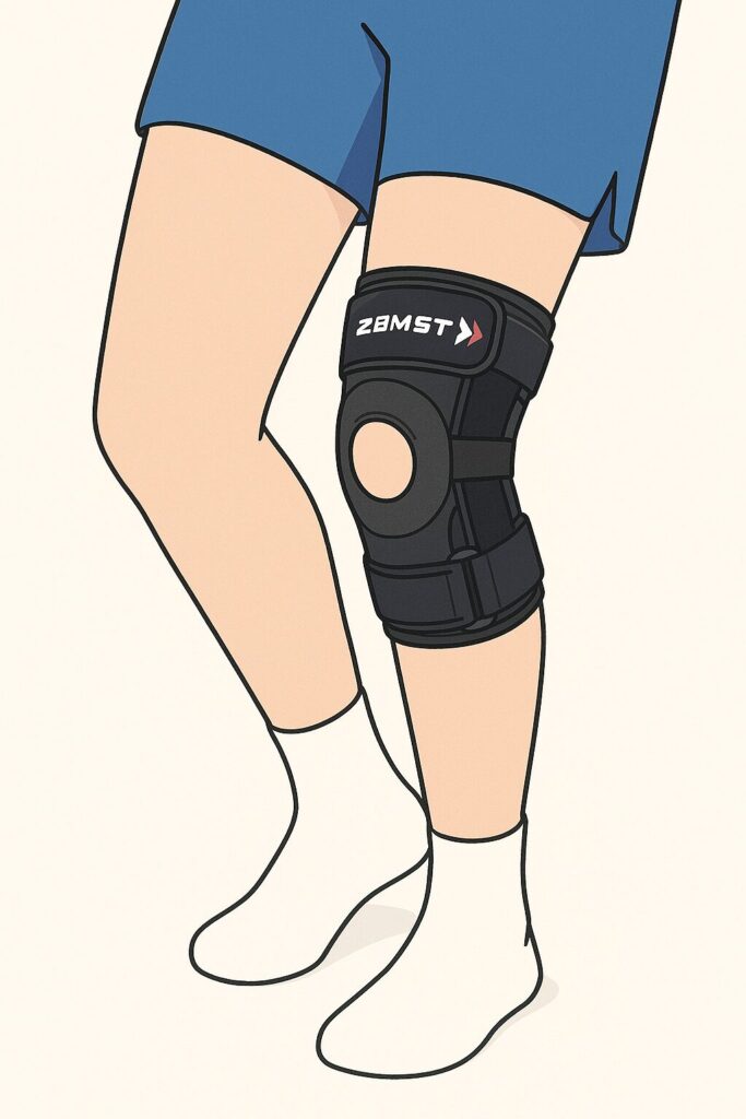 前十字靭帯再建後の膝に装着したZAMST ZKサポーターが、ねじれ方向の動きを抑えている様子のイラスト