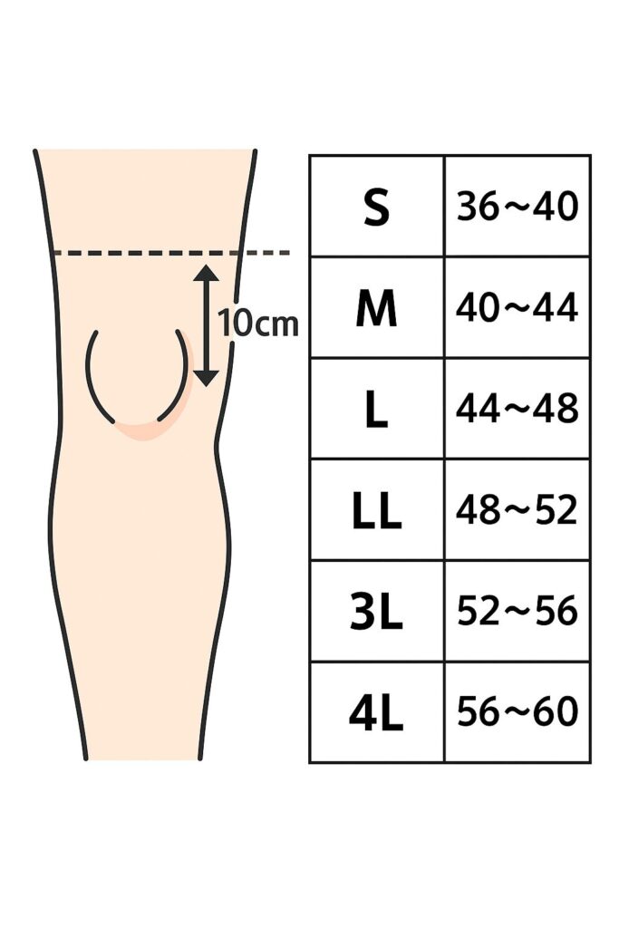 膝のお皿から10cm上の位置を測る方法を示した図で、点線と矢印で測定位置を示し、下部にZKサポーターのサイズ表(S〜4L)が掲載された案内画像。