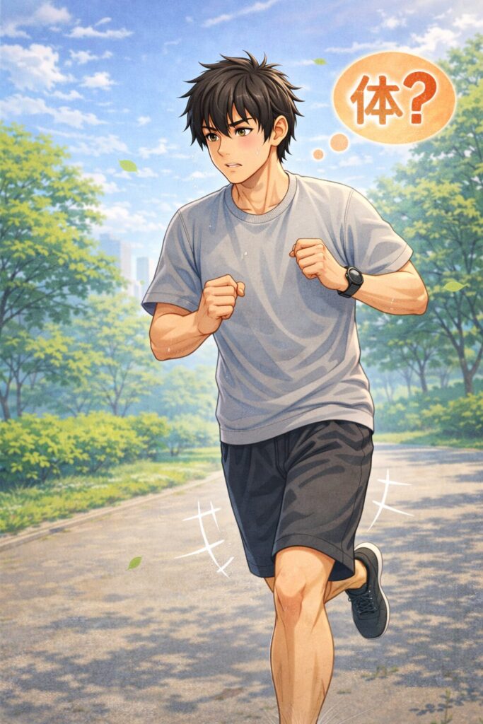 青空の下を歩きながら、歩行時のバランスの変化に気づいた男性の様子