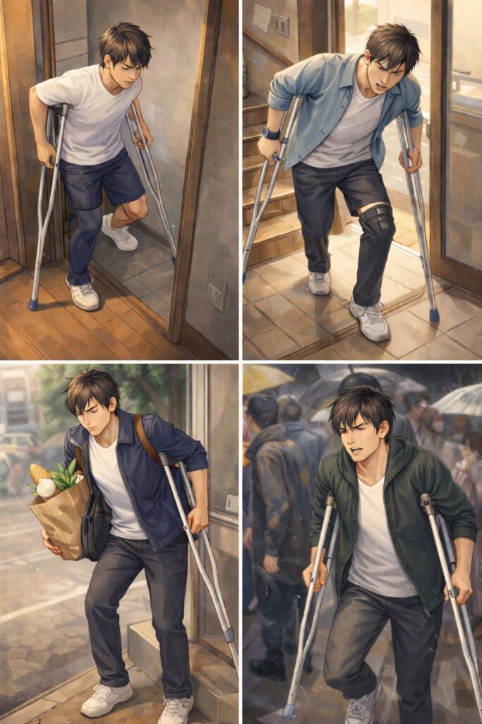 前十字靭帯・半月板手術後、退院直後の日常生活で膝に負担がかかりやすい場面を示したイラスト