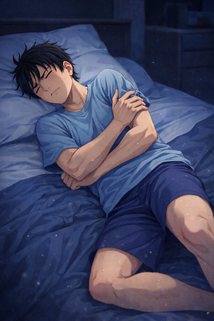 バスケットボールの試合後、全身の疲労と筋肉痛でベッドに横たわる男性のイラスト