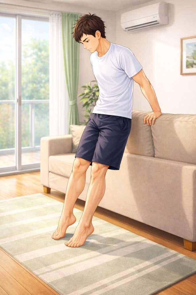 自宅のリビングでソファに手を添えながらカーフレイズを行う30代男性のイラスト