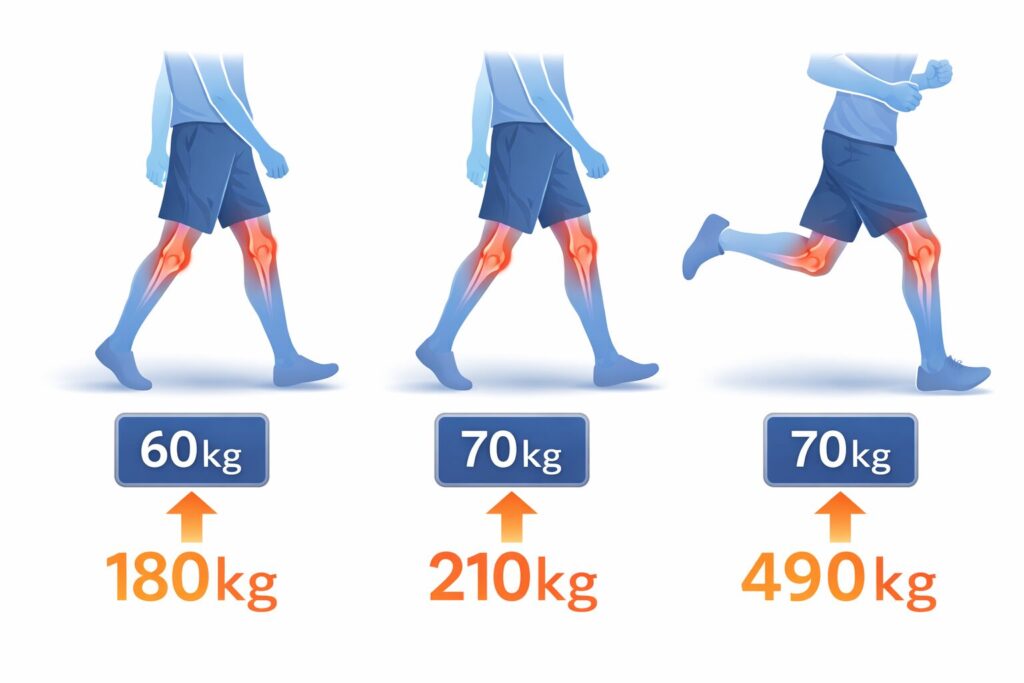 体重増加によって半月板や膝関節への負担が増えることを示したイラスト