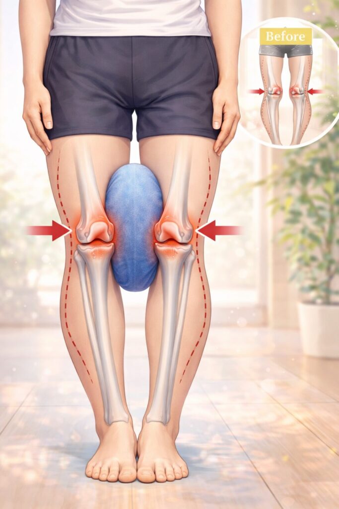 立った状態で膝にクッションを挟み、内ももを締めてO脚改善トレーニングを行っている様子