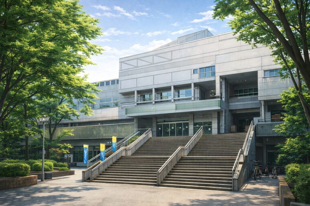 総合体育館の外観をイメージしたイラスト。階段と建物正面が見える構図