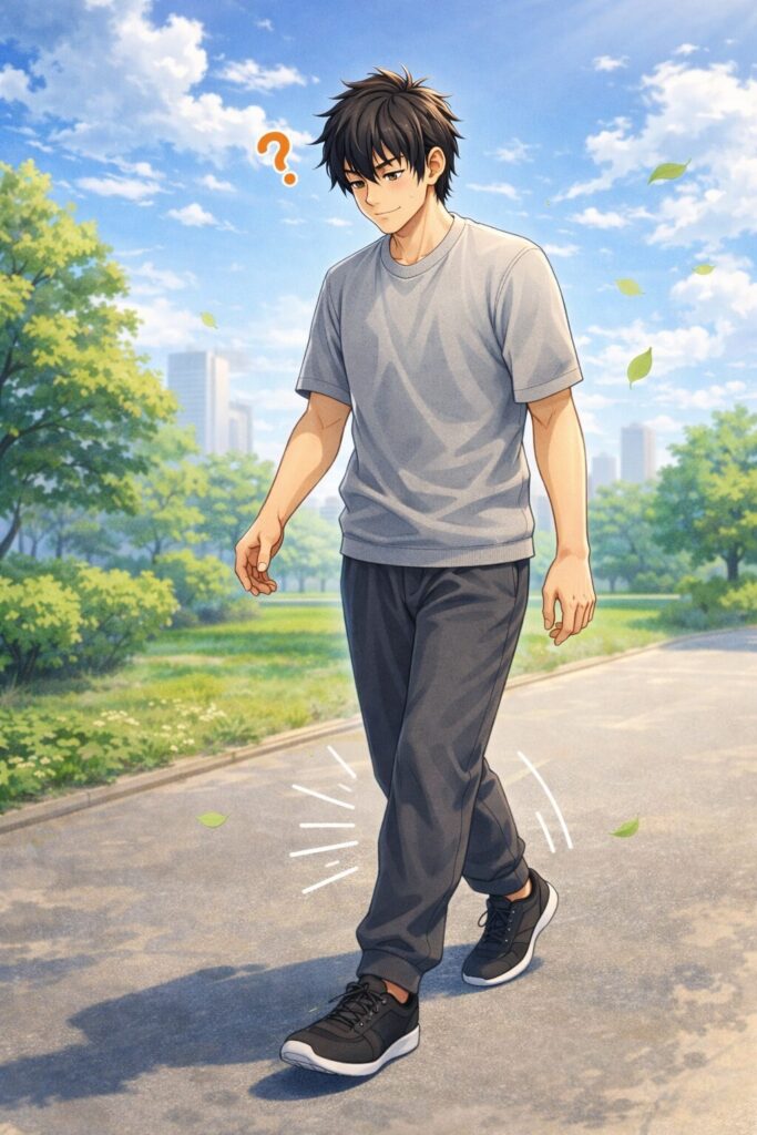 青空の下で歩きながら足運びの感覚に意識を向けている男性