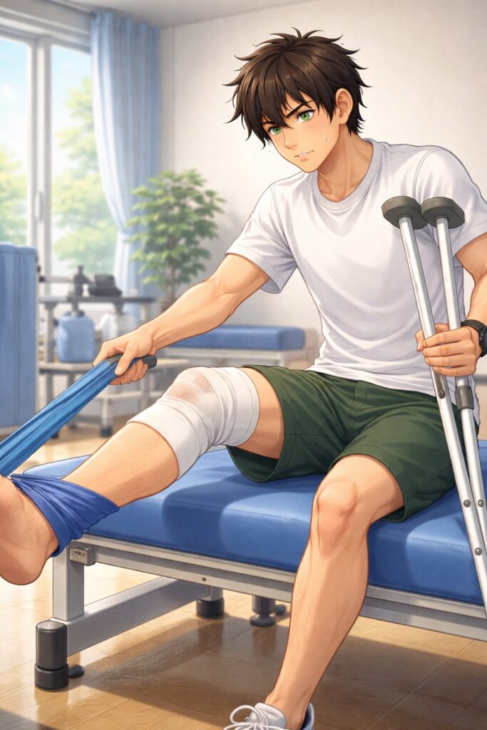 前十字靭帯と半月板の手術後、包帯を巻いた患側の膝でリハビリに励む青年が、ゴムバンドを使ってトレーニングしているイラスト