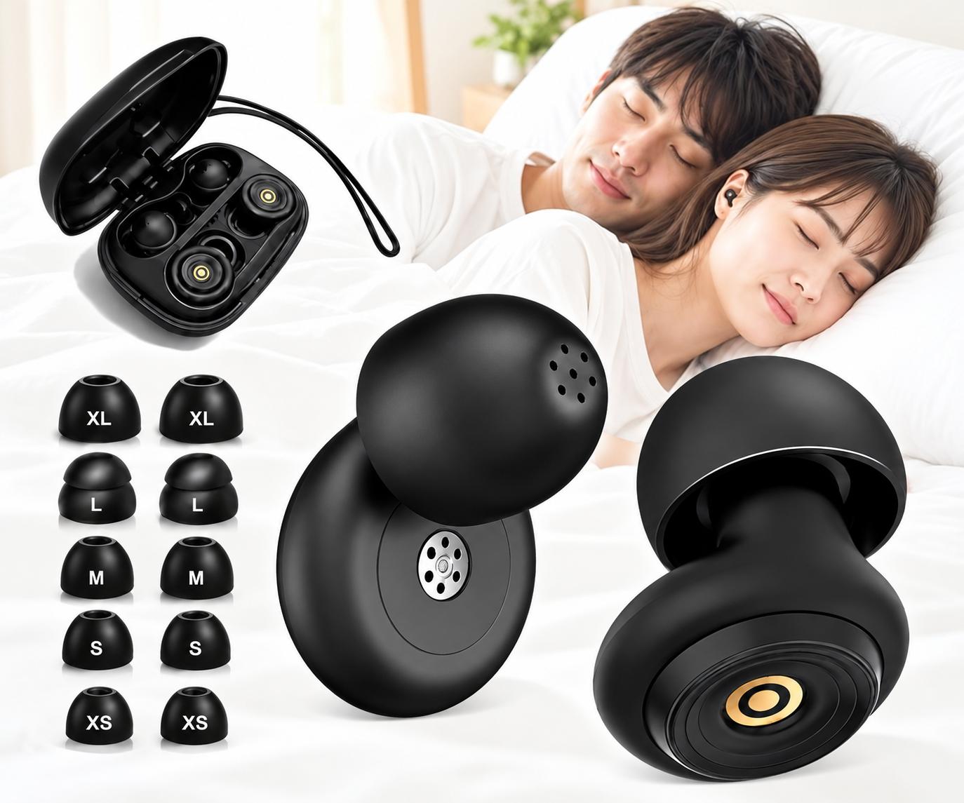 EvoAceの黒い睡眠用耳栓と収納ケース、5サイズのイヤーチップ